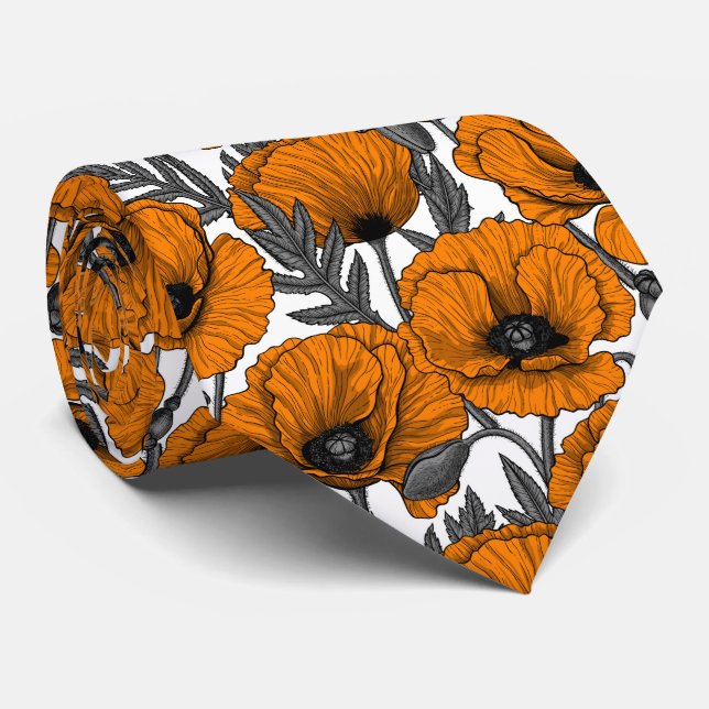 Orange poppies on white tie (Rolled)