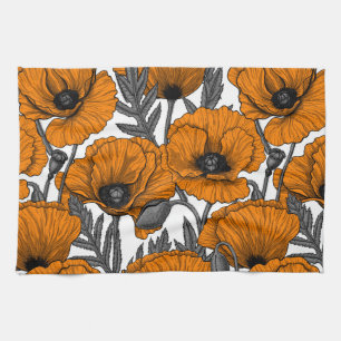 Orange poppies tea towel