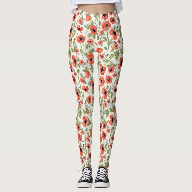 Orange Poppies Watercolor Floral Pattern Leggings (Front)