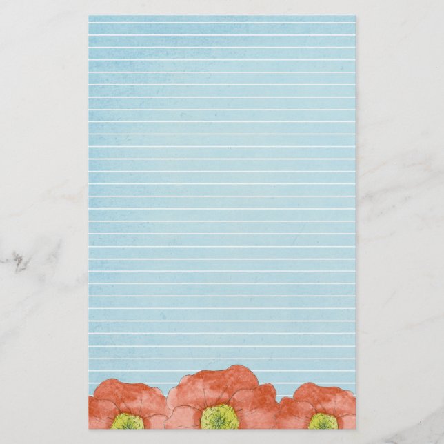 Orange Poppies Watercolor Lined Letter Writing Stationery (Front)