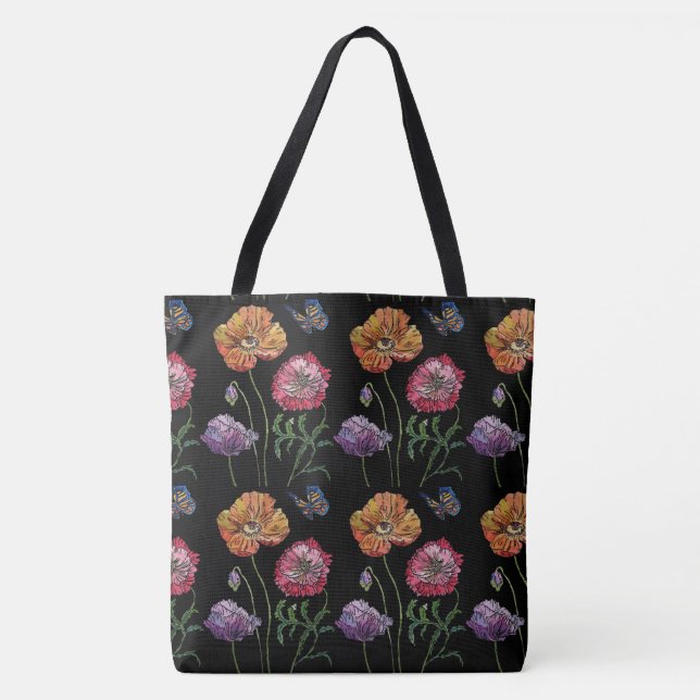 Orange Poppy Black Floral Watercolor Tote Bag (Front)