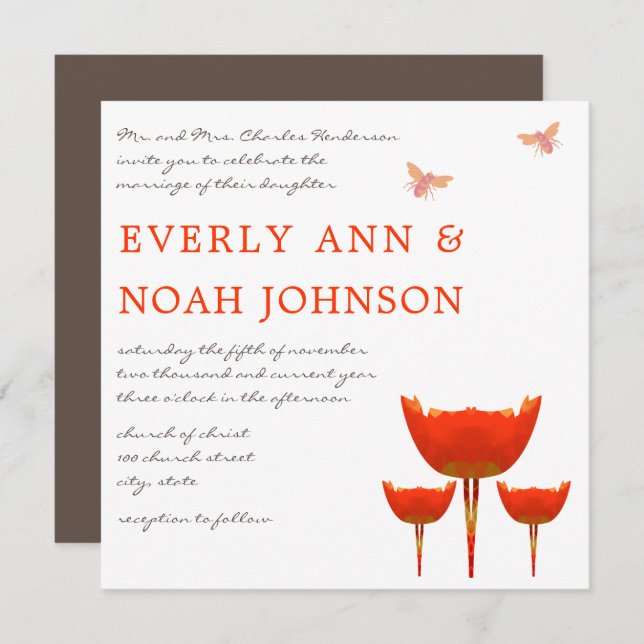 Orange Poppy & Bumble Bee Wedding  Invitation (Front/Back)