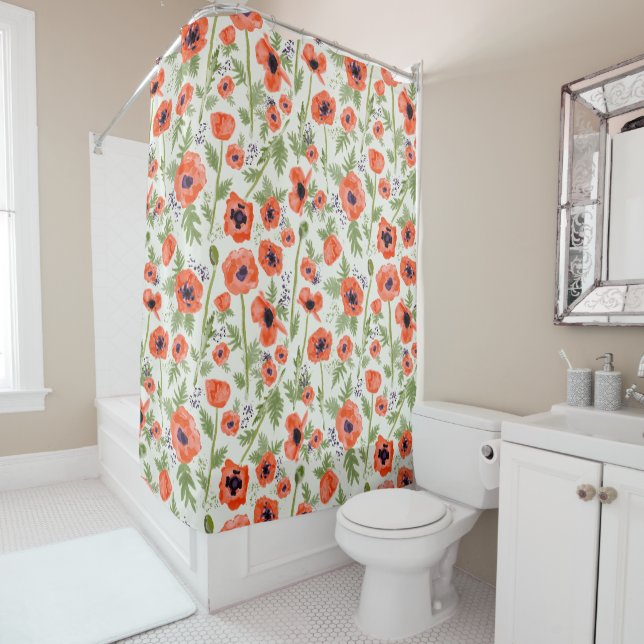 Orange Poppy Floral Watercolor Pattern Shower Curtain (In Situ)