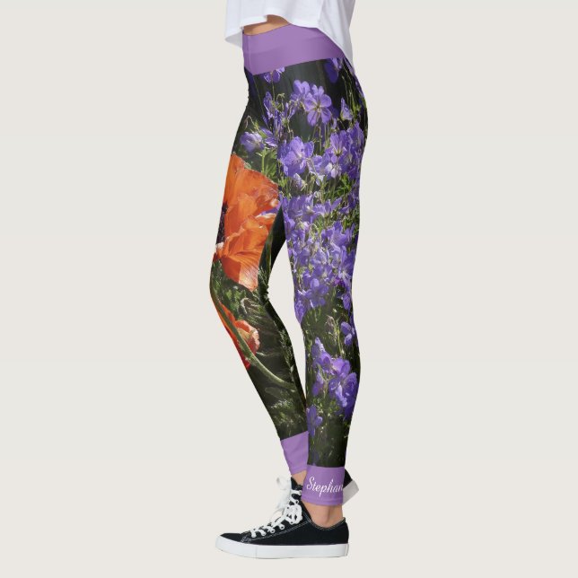 Orange Poppy Floral with Name Leggings (Left)
