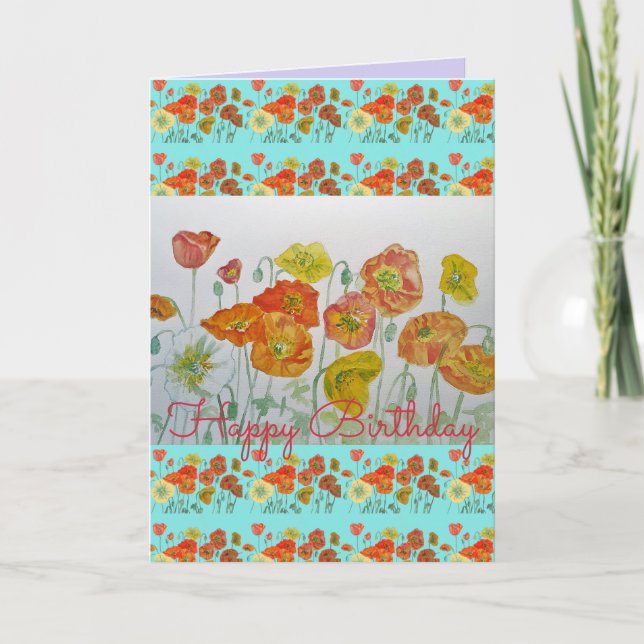 Orange Poppy Flower Floral Happy Birthday art Card (Front)
