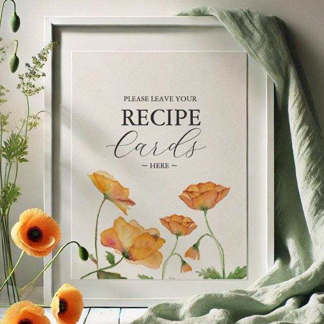 Orange Poppy Flower Leave Your Recipe Card Here Poster (Recipe card sign watercolor orange poppy flower art by Victoria Grigaliunas of Do Tell A Belle)
