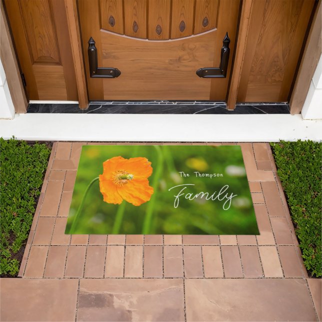 Orange Poppy Flower On Green Custom Family Name Doormat (Outdoor)