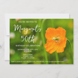 Orange Poppy Flower On Green Photo 50th Birthday Invitation