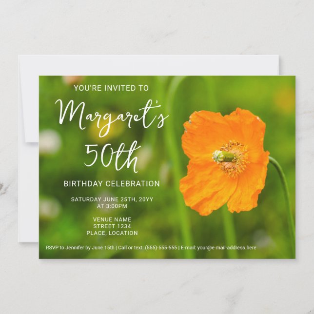 Orange Poppy Flower On Green Photo 50th Birthday Invitation (Front)