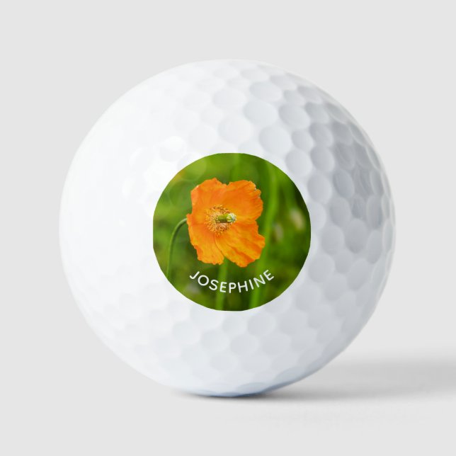 Orange Poppy Flower On Green Photo With Name Golf Balls (Front)