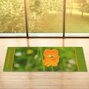 Orange Poppy Flower On Green With Custom Name Yoga Mat