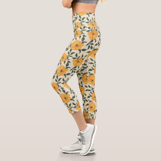 Orange Poppy Flower Pattern Capri Leggings (Left)