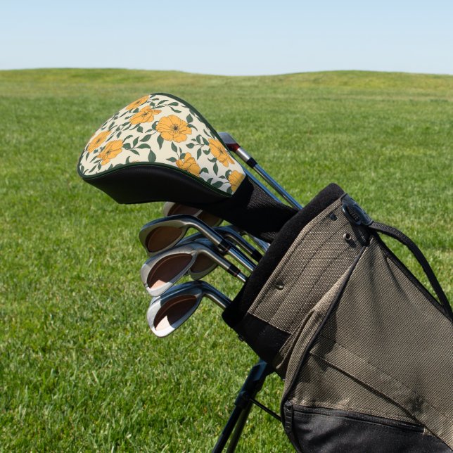 Orange Poppy Flower Pattern Golf Head Cover (In Situ)