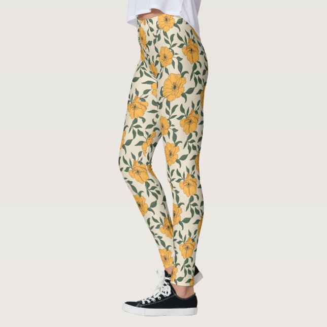 Orange Poppy Flower Pattern Leggings (Left)