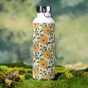Orange Poppy Flower Pattern Water Bottle