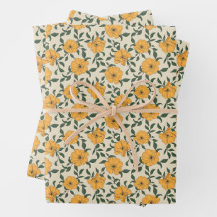 Orange Poppy Flower Pattern Wrapping Paper Sheet