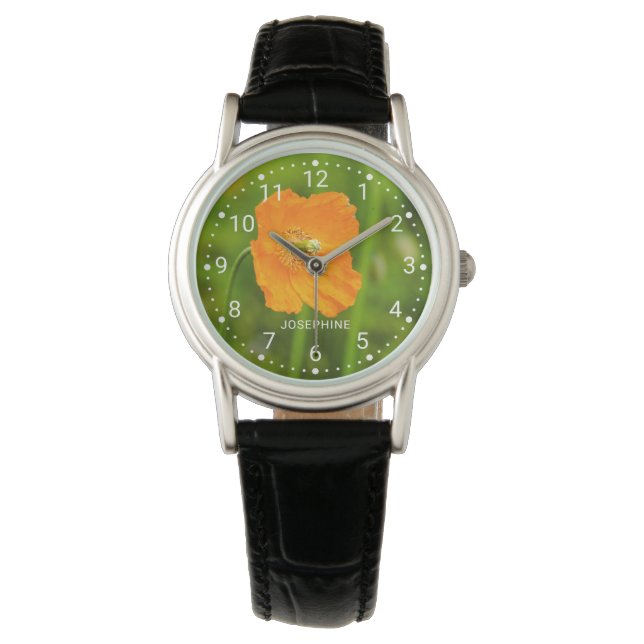 Orange Poppy Flower Photo On Green And Custom Name Watch (Front)