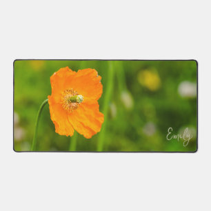 Orange Poppy Flower Photo With Custom Name Desk Mat
