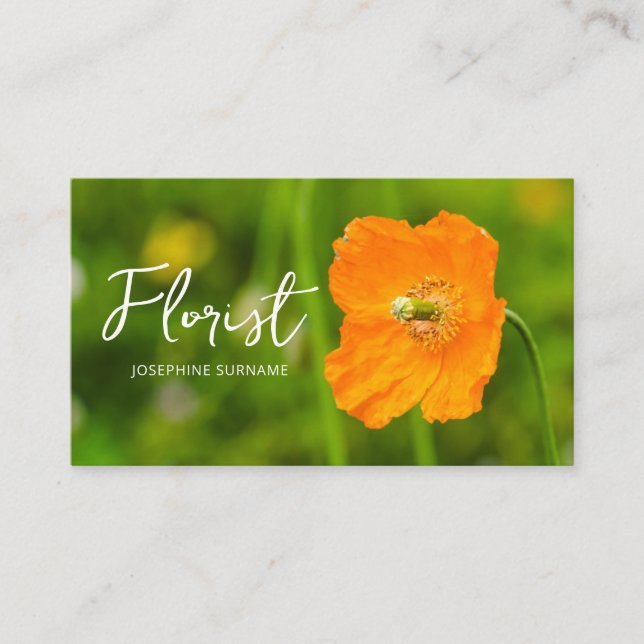 Orange Poppy Flower Summer Green Photo Florist Business Card (Front)