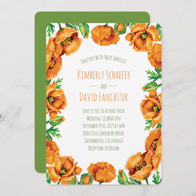 Orange Poppy Flower Wedding Invitation (Front/Back)