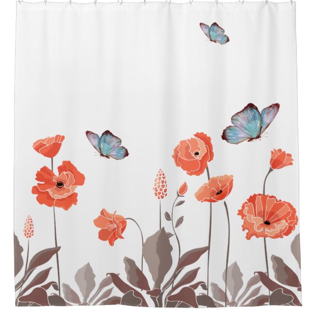 Orange Poppy Flowers and Blue Butterflies Garden Shower Curtain (Front)
