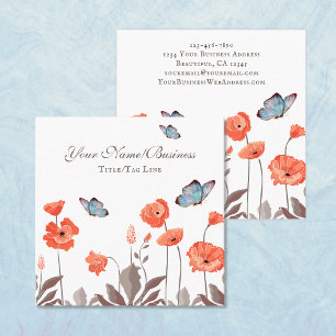 Orange Poppy Flowers and Blue Butterflies Garden Square Business Card