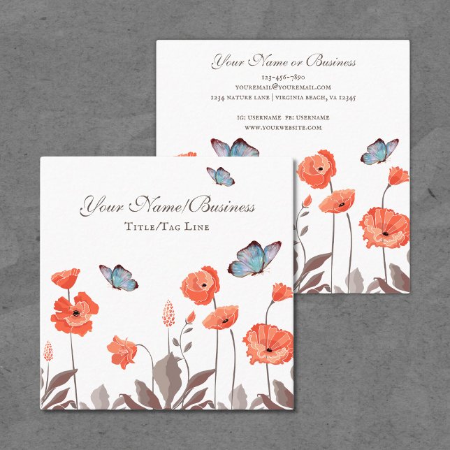 Orange Poppy Flowers and Blue Butterflies Garden Square Business Card (Creator Uploaded)