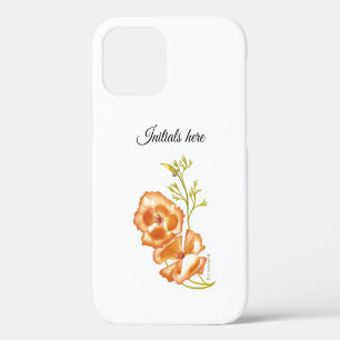 Orange poppy flowers green leaves monogram iPhone 12 case