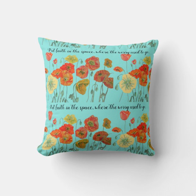 Orange Poppy Flowers 'Put Faith in the Space' Aqua Cushion (Front)
