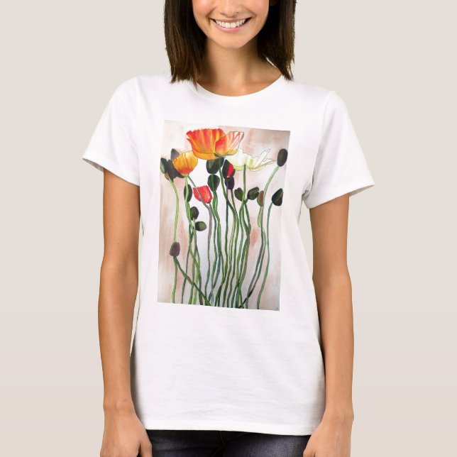 Orange Poppy flowers watercolor art T-Shirt (Front)