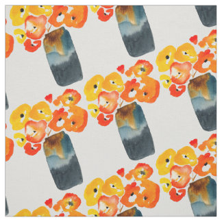 Orange poppy flowers watercolor fabric