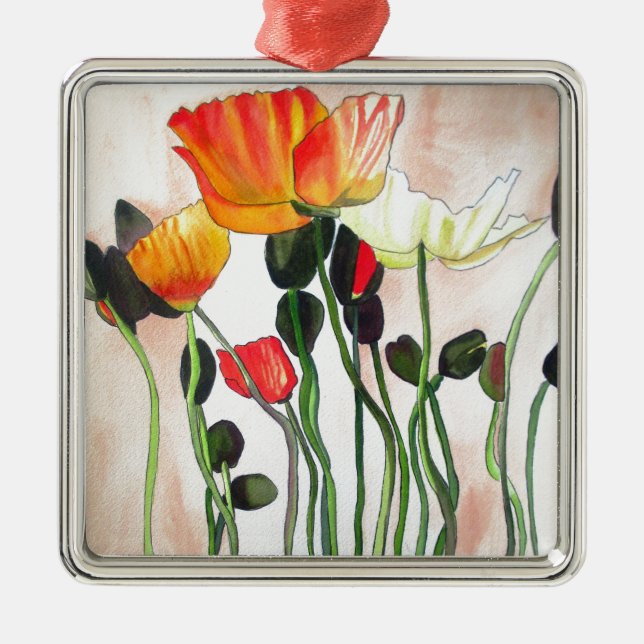 Orange Poppy flowers watercolour painting Metal Tree Decoration (Front)