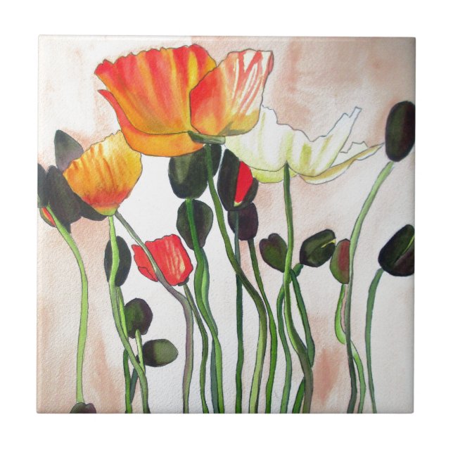 Orange Poppy flowers watercolour painting Tile (Front)