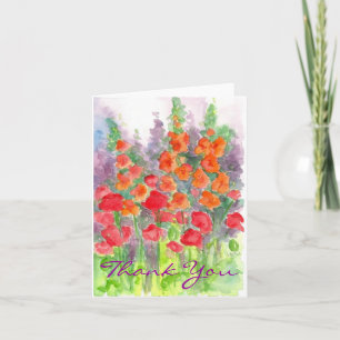Orange Poppy Gladiola Flower Watercolor Thank You Card