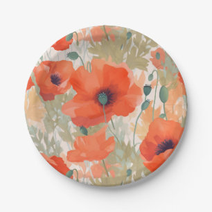 Orange Poppy Meadow Paper Plate