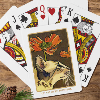Orange poppy Oriental Cat Custom Name Playing Cards