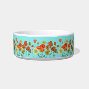 Orange Poppy pretty flowers aqua floral Pet Drink Bowl