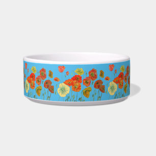 Orange Poppy pretty flowers Blue floral Pet Drink Bowl