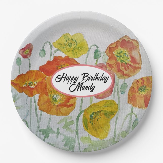 Orange Poppy Rose Flower Pattern Paper Party Plate (Front)