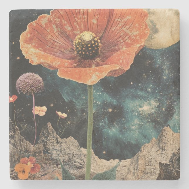 Orange Poppy Under Moonlight Stone Coaster (Front)