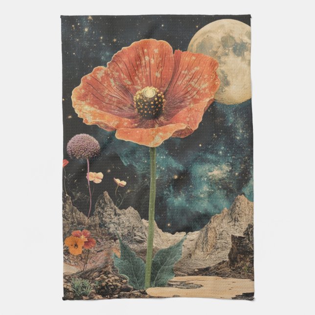 Orange Poppy Under Moonlight Tea Towel (Vertical)