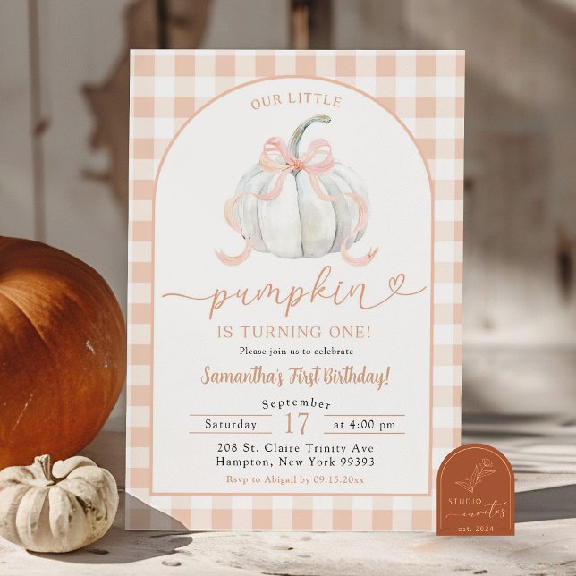 Orange Preppy Gingham Pumpkin 1st Birthday Invitation (Creator Uploaded)