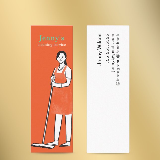 Orange Pretty Cartoon Maid House Cleaning Service  Mini Business Card (Creator Uploaded)
