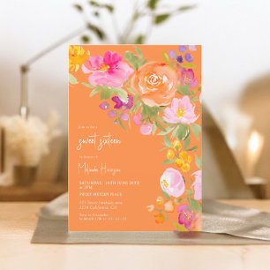 Orange Pretty romantic summer floral sweet 16 Invitation