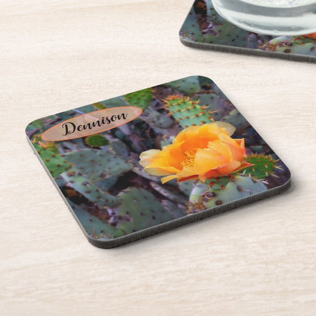 Orange Prickly Pear Opuntia Cactus Flower Photo Coaster (Left Side)