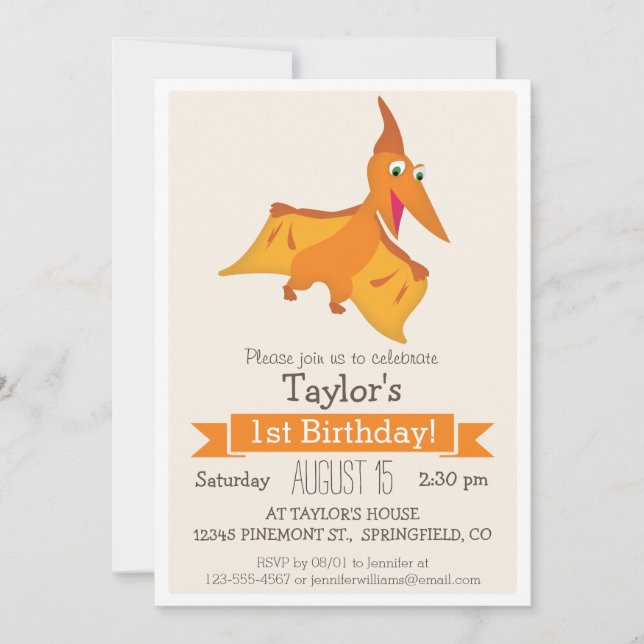 Orange Pterodactyl Dinosaur Kid's Birthday Party Invitation (Front)