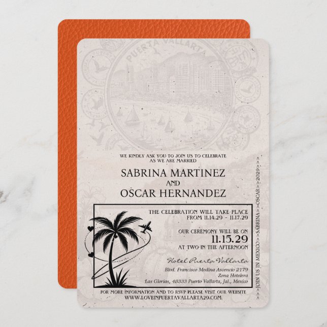 Orange Puerta Vallarta Passport Wedding Invitation (Front/Back)