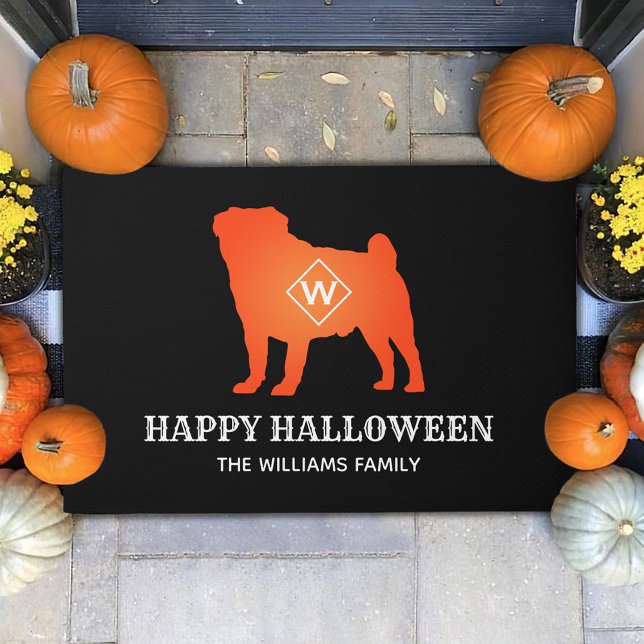 Orange Pug Happy Halloween Custom Family Name Doormat (Creator Uploaded)
