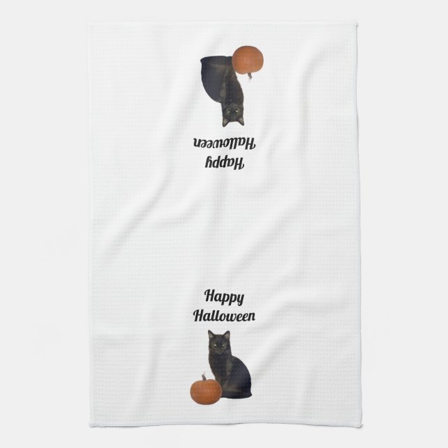 Orange Pumpkin and Black Cat Happy Halloween Tea Towel (Vertical)