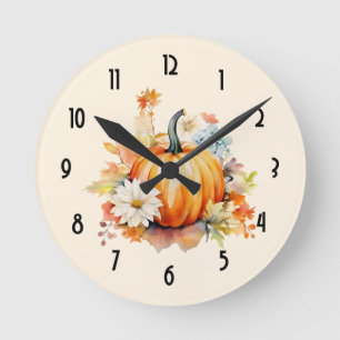 Orange Pumpkin and Flowers Autumn Round Clock